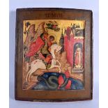 AN ANTIQUE PAINTED RUSSIAN WOOD ICON. 34 cm x 26 cm.