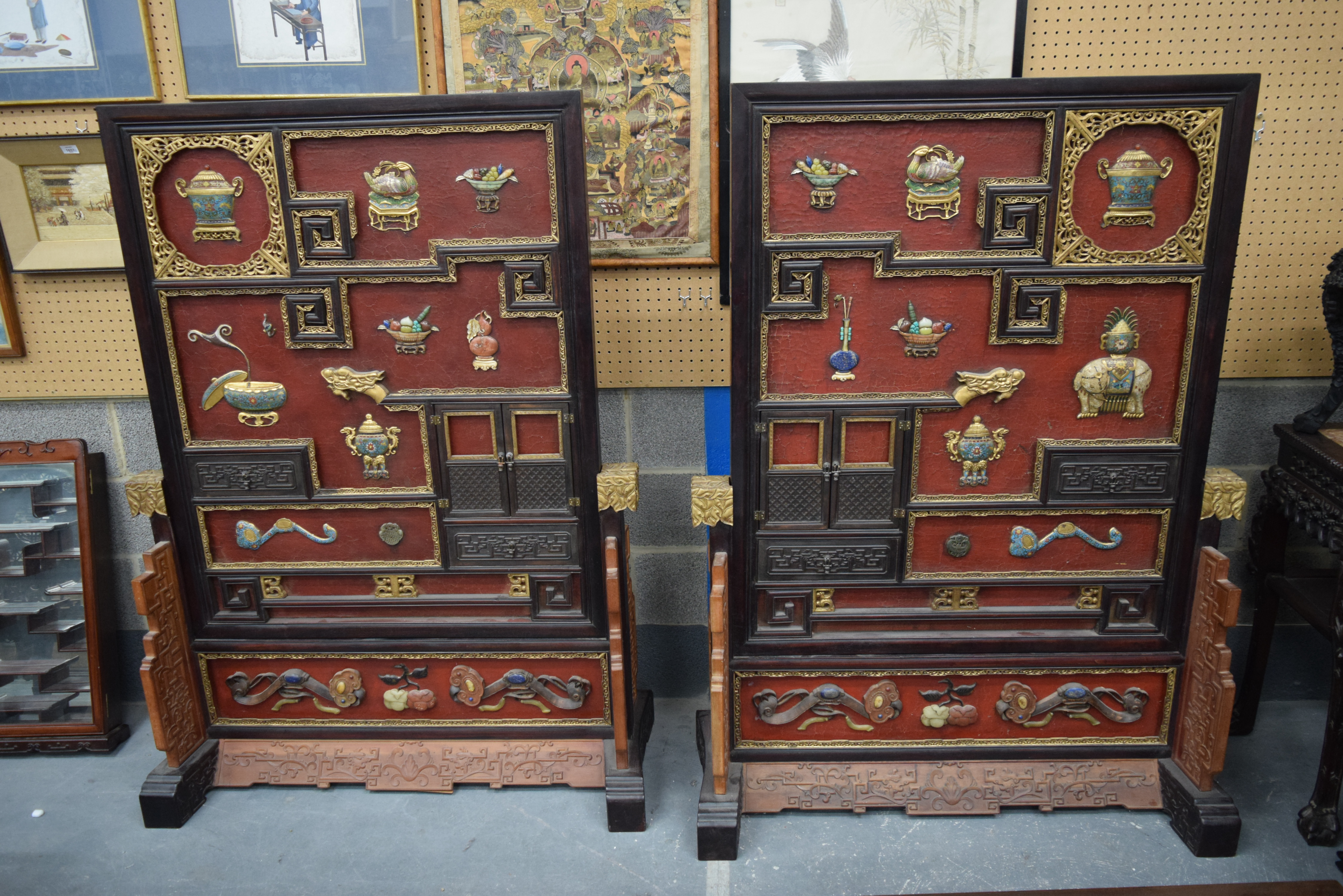 A MONUMENTAL PAIR OF CHINESE HARDWOOD CLOISONNE ENAMEL AND STONE SCREENS upon fitted stands, probabl