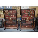A MONUMENTAL PAIR OF CHINESE HARDWOOD CLOISONNE ENAMEL AND STONE SCREENS upon fitted stands, probabl