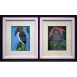 A reverse glass painted picture of a Toucan together with a similar picture of a female 24 x 18 cm