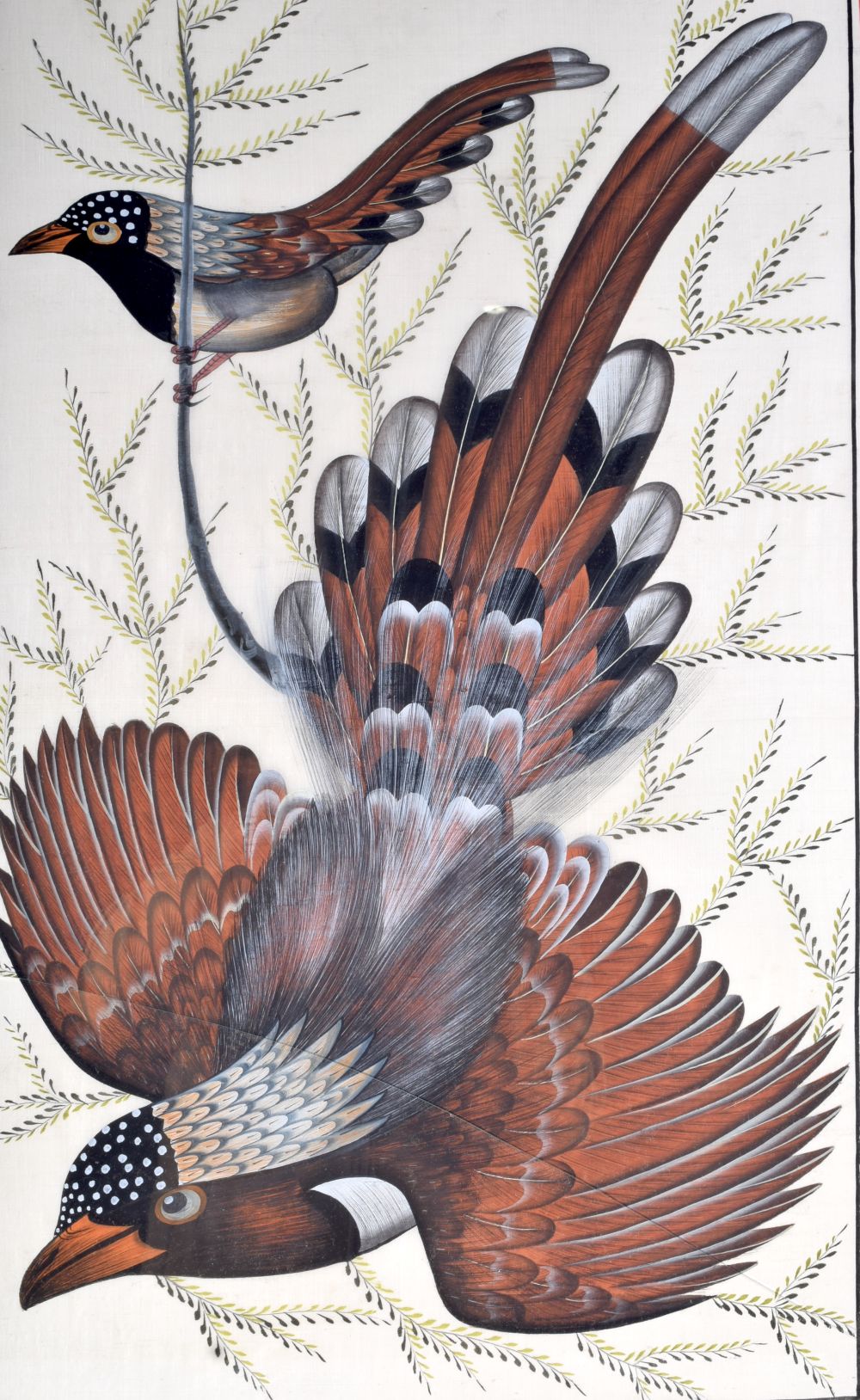 A large framed oil on silk of birds 79 x 51 cm. - Image 2 of 4