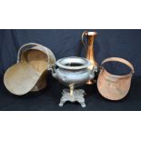 A copper coal scuttle together with a log holder, jug and a copper samovar. Largest 48cm (4).