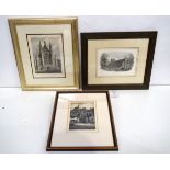 A pair of 19th century framed coloured etchings of Winchester Cathedral together with another etchi