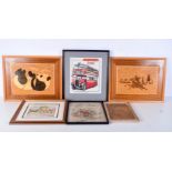 A pair of marquetry pictures together with a woolwork picture of a bus and a embroidery, prints etc