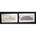 A pair of framed watercolours of nomads in a desert scene possibly Mongolia 15 x 35 cm (2)