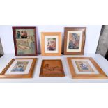 A framed carved wooden group of fishermen, and framed prints etc 34 x 25 cm (6).