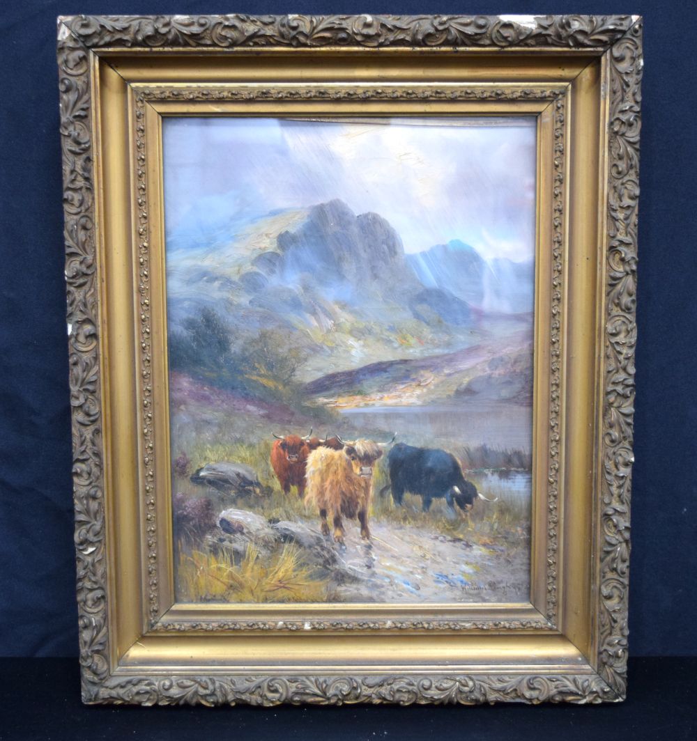 William Langley (1852-1922) framed oil on canvas of Highland cattle 29 x 39 cm .