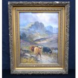 William Langley (1852-1922) framed oil on canvas of Highland cattle 29 x 39 cm .
