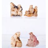 FOUR CHINESE CARVED FIGURES IN VARIOUS POSES. Largest 5.6cm x 4.7cm x 3.3cm, total weight 284.7g