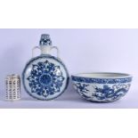 A LARGE CHINESE TWIN HANDLED BLUE AND WHITE PILGRIM FLASK 20th Century, together with a dragon dice