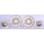 19TH C. MINTON PAIR OF COFFEE CUPS AND SAUCER PAINTED WITH TWO LANDSCAPES IN RAISED GILT PANELS SURR