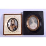 A 19TH CENTURY ENGLISH PAINTED IVORY PORTRAIT MINIATURE together with another miniature of a militar