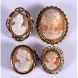 FOUR VINTAGE GOLD CAMEO BROOCHES . Largest 4.1cm x 3.4cm and stamped 800, total weight 27g (4)