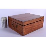 A FINE EARLY VICTORIAN MAHOGANY AND SATINWOOD TRAVELLING VANITY BOX with fitted interior and scent b