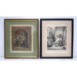 A small framed coloured etching of a dentist examination together with another etching 21 x 15 cm.