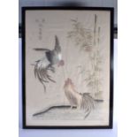 A LARGE LATE 19TH CENTURY CHINESE VIETNAMESE SILK WORK EMBROIDERED PANEL depicting two cocks fightin