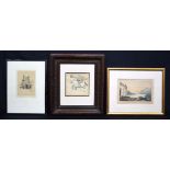 A framed lithograph by Marjorie C Bales together with a etching and a watercolour 15 x 23 cm (3).
