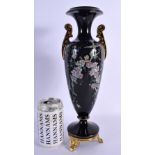AN AESTHETIC MOVEMENT ENAMELLED TWIN HANDLED GLASS VASE painted with birds and flowers. 33.5 cm high