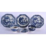 18TH C. THREE LIVERPOOL SMALL PLATES PRINTED IN BLUE, AN EGG DRAINER, AND TWO PRINTED TEABOWLS Tea B