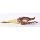 A COLD PAINTED BRONZE PAPER CLIP SHAPED AS A BIRDS HEAD. 16cm x 2.6cm, weight 157.6g