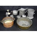 A collection of English pewter together with two copper pots. Largest 9 x 26cm (9).