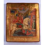 AN ANTIQUE PAINTED RUSSIAN WOOD ICON. 27 cm x 24 cm.