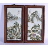 A PAIR OF CHINESE FAMILLE ROSE PORCELAIN PANELS 20th Century, painted with landscapes. 45 cm x 22 cm