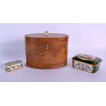 A GEORGE III BURR WALNUT TEA CADDY together with a Sevres style box & another. Largest 13 cm x 15 cm