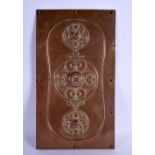 AN ARTS AND CRAFTS COPPER AND ENAMEL HANGING WALL PLAQUE signed AGF, decorated with roundels. 37 cm