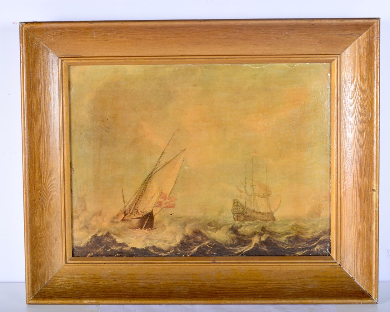 A framed 19th century oil on canvas of sailing ships in rough seas 28 .5 x 39 cm.