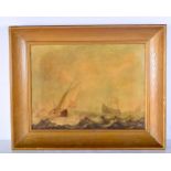 A framed 19th century oil on canvas of sailing ships in rough seas 28 .5 x 39 cm.