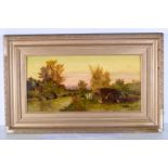 A framed oil on canvas of horses and a cart by R M Sainsbury dated 1895. 24 x 49 cm.