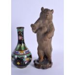 AN EARLY 20TH CENTURY CHINESE CLOISONNE ENAMEL VASE together with a clay pottery bear. Largest 25 cm