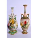 TWO ROYAL WORCESTER HADLEYS TWIN HANDLED PORCELAIN VASES painted with flowers. Largest 28 cm high. (