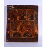 AN ANTIQUE PAINTED RUSSIAN WOOD ICON. 36 cm x 30 cm.