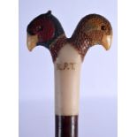 AN UNUSUAL VINTAGE DOUBLE HEADED GAME BIRD WALKING CANE STAFF. 118 cm long.