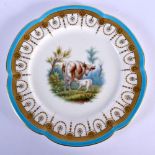 19TH C. MINTON PLATE WITH TURQUOISE, ACID ETCHED AND RAISED GILT BORDER PAINTED WITH A COW AND A SHE