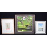 A small framed watercolour by Clare Goodman together with a Chinese print and another print 33 x 33c