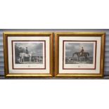 A large framed pair of 19th Century coloured engravings of Gentlemen riding horses 46 x 53 cm (2).