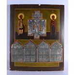 AN ANTIQUE PAINTED RUSSIAN WOOD ICON inset with enamelled figures. 54 cm x 44 cm.