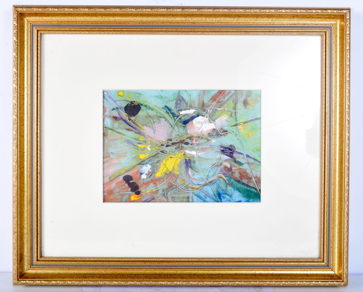 Derrick Sayer (1917-1992) Framed oil abstract on board 20x 28 cm.