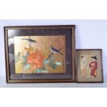 A framed Chinese print together with a small fabric picture 29 x 40 cm.