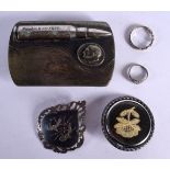 A STERLING SILVER BROOCH TOGETHER WITH ANOTHER, TWO RINGS AND A "THANK A VETERAN" BELT BUCKLE (5)
