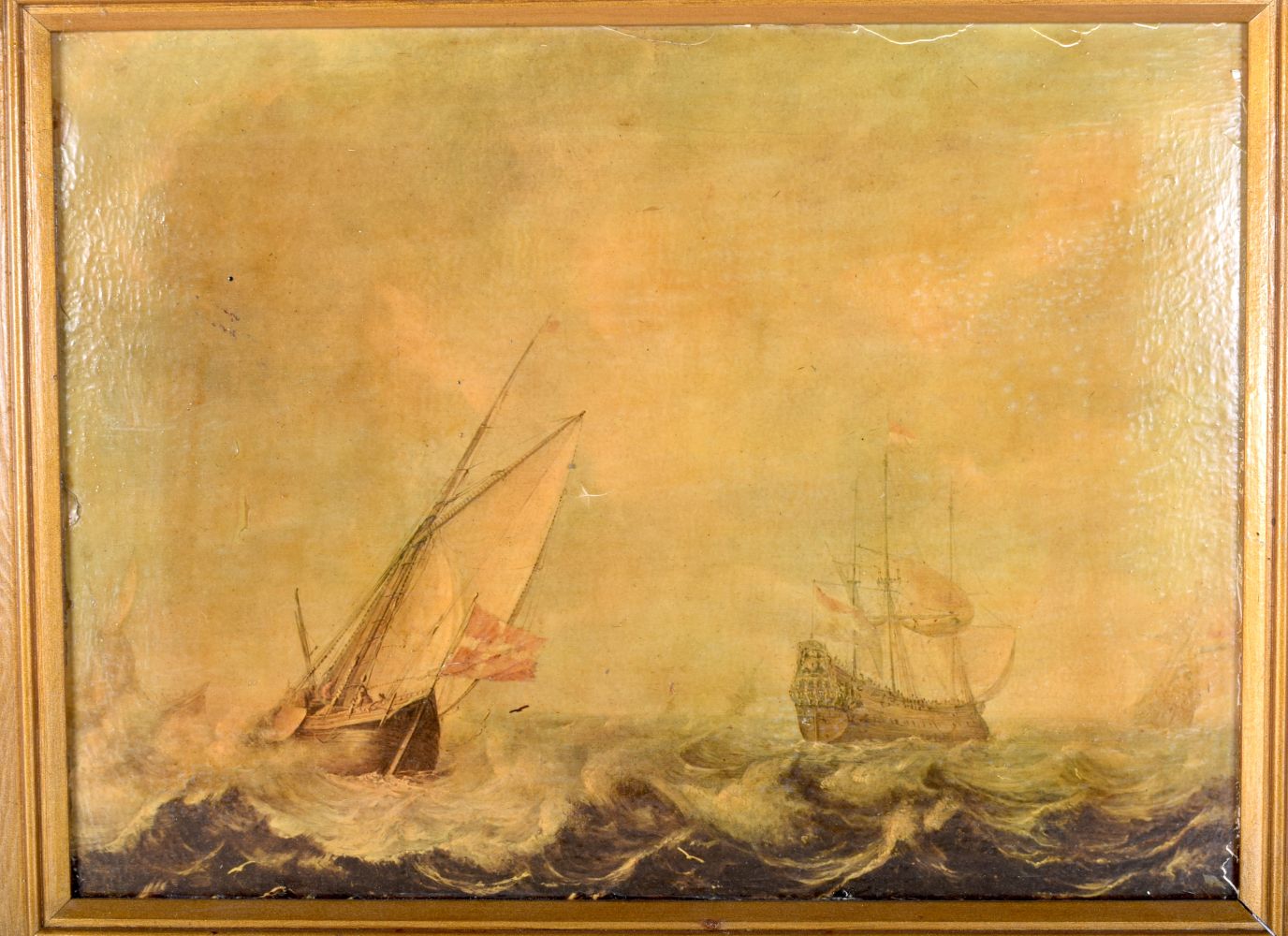 A framed 19th century oil on canvas of sailing ships in rough seas 28 .5 x 39 cm. - Image 2 of 3