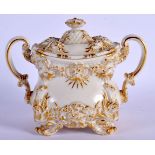 ROYAL WORCESTER ROCOCO MOULDED SUCRIER AND COVER OF RARE SHAPE HIGHLIGHTED WITH GILDING ON A IVORY