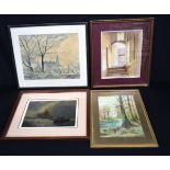 A framed watercolour by Anne Nicholson dated 1929 together with two other watercolours and a Oleogra
