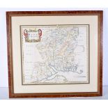 A framed early 18th Century map of Hampshire by Robert Morden 36 x 41 cm.