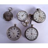 FIVE SILVER POCKET WATCHES. Largest dial 5.2cm, total weight 391.8g