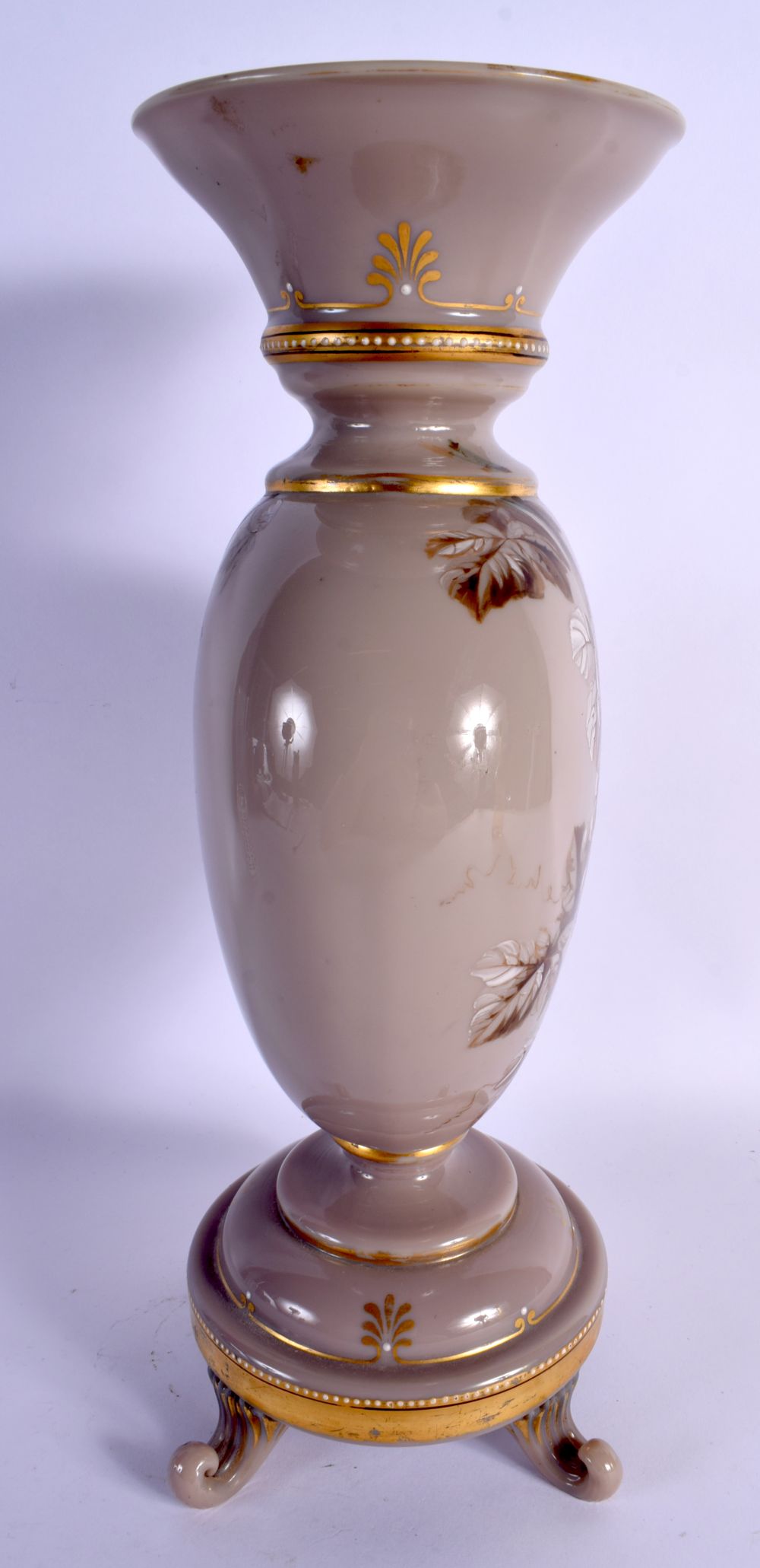 A LARGE LATE VICTORIAN OPALINE GLASS VASE painted with berries and leaves. 36 cm x 15 cm. - Image 4 of 6