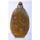 A CHINESE CARVED JADE SNUFF BOTTLE DECORATED WITH FIGURES AND CALIGRAPHY. 10cm x 5.3cm x 1.9cm, wei